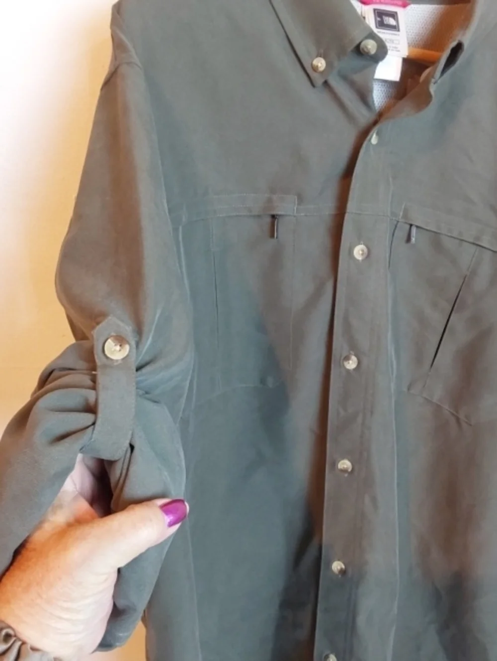 The North Face| Olive Green Tekware Hiking Shirt Zip Pockets Roll Tab Sleeves XL